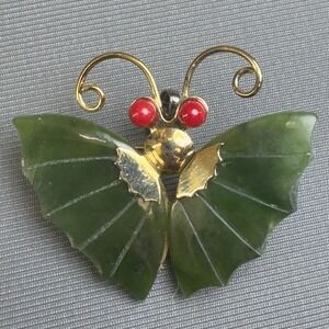 Jade Dynasty Collection Butterfly Pin Pendant Genuine Jade Coral Eyes Gold Tone